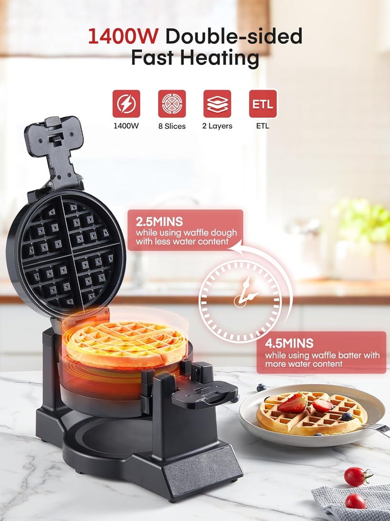 FOHERE Waffle Maker, 1400W Double Belgian Waffle Iron 180° Flip, 8 Slices in 3 Mins, Rotating & Nonstick Plates, Anti-Scald, Removable Drip Tray Easy to Clean, Cool Touch Handle, Space-Saving Storage(Black) - Image 2